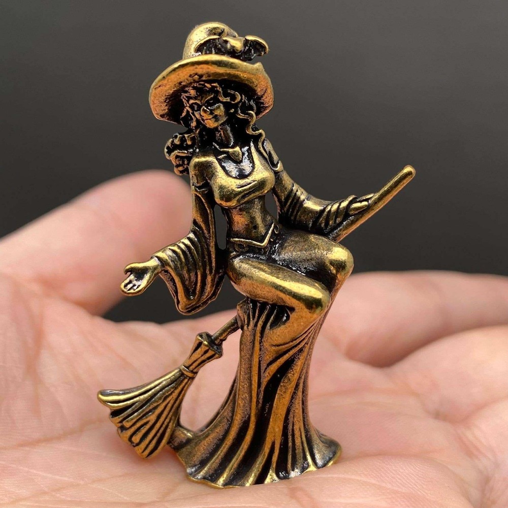 Brass Witch Figurine Flying Broomstick Solid Metal Gold Tone Miniature Statue
